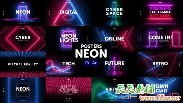 AE模板+PR预设-霓虹灯风格宣传包装动画 Posters Neon-天天素材网