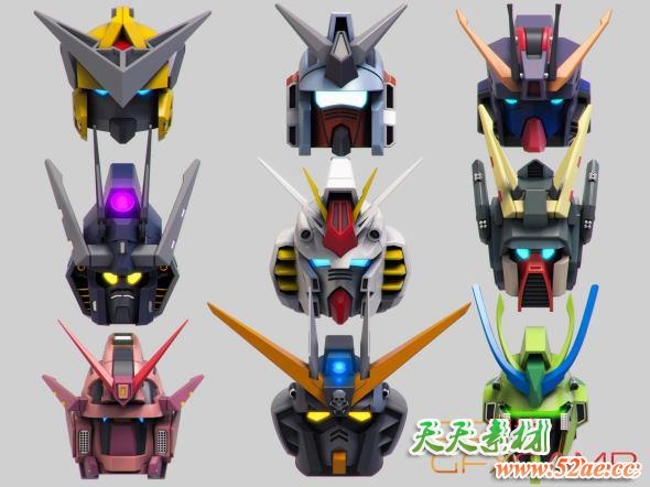 高达风格机器人头部3D模型 Artstation – Mech Warrior Hard Surface Kitbash 7 of 20 (MAX/FBX/OBJ格式)-天天素材网