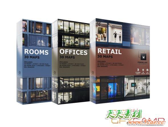办公室商店房间楼房建筑3D模型 wParallax Bundle Pack (C4D/MAX/FBX格式)-天天素材网