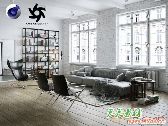 C4D客厅室内场景3D模型 CGTrader – Living Room Interior 3D Scene-3 for Cinema 4D and Octane Render-天天素材网