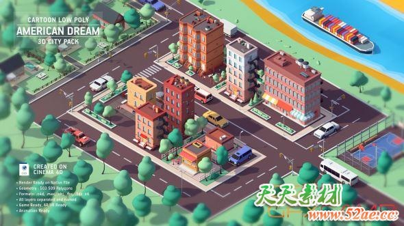 低多边形卡通楼房场景3D模型 CGTrader – Cartoon Low Poly American Dream City Pack (C4D/MAX/OBJ/FBX格式)-天天素材网