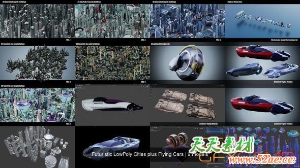 科幻城市楼房汽车低精度3D模型 Cgtrader – Futuristic LowPoly Cities with Flying Cars 3D Model Collection-天天素材网