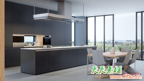 厨房室内场景3D模型 Octane – C4D Minimalist Kitchen Interior Scene 3D Model (C4D/MAX/OBJ/FBX格式)-天天素材网