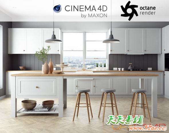 开放式厨房餐厅场景3D模型 Octane Cinema 4D Scene files – French Country Kitchen Interior 3D Model-天天素材网