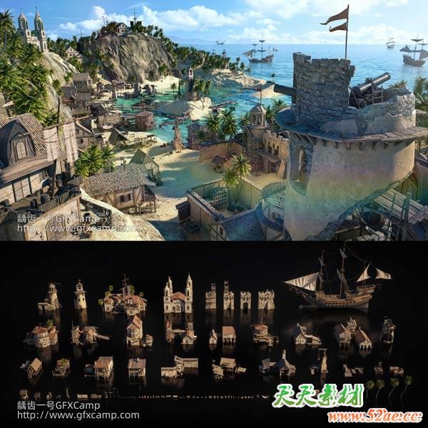 海岛港口码头建筑楼房3D模型 C4D/MAX/FBX/OBJ/Maya/Blender/Houdini/Unity/Unreal等-天天素材网