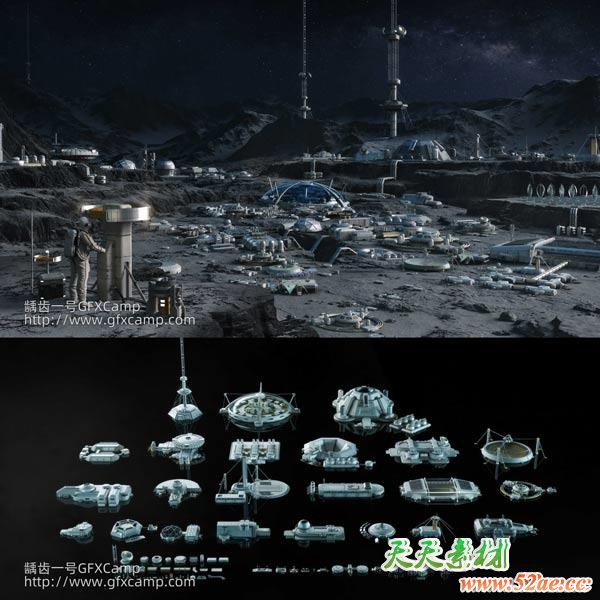 科幻月球基地建筑楼房设施3D模型 C4D/MAX/FBX/OBJ/Maya/Blender/Houdini/Unity/Unreal等-天天素材网