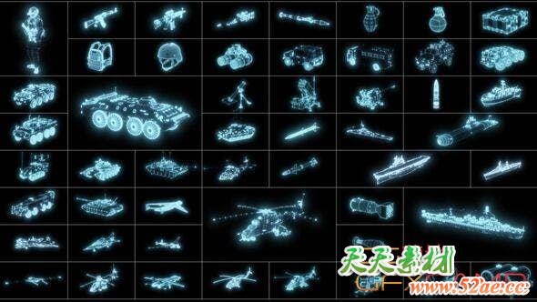 AE模板+视频素材-军事武器科技感HUD动画 Military Elements HUD Pack-天天素材网