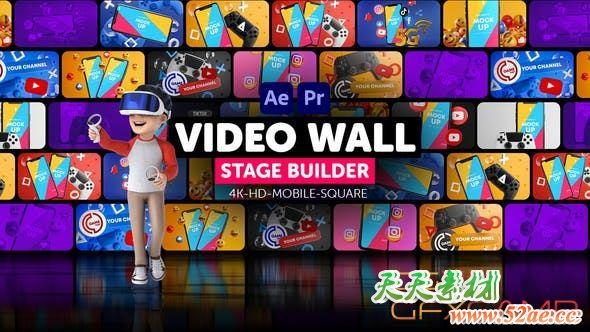AE模板+PR预设-背景照片视频墙动画 Video Wall Stage Builder-天天素材网