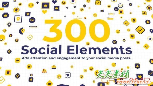 AE模板+PR预设-300组社交图标元素动画 300 Social Elements-天天素材网