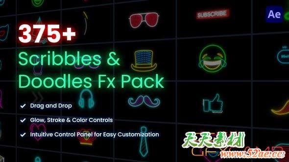 AE模板+PR预设-375组霓虹风格元素图表贴纸动画 Scribbles & Doodles FX Pack-天天素材网