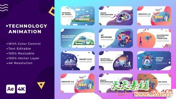 AE模板+PR预设-科技感概念扁平化MG动画场景 Technology Animation-天天素材网