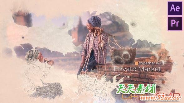 AE模板+PR预设-水墨遮罩图片展示片头 Ink Slideshow-天天素材网