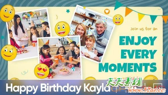 AE模板+PR预设-可爱卡通儿童生日照片相册片头 Happy Birthday Kayla-天天素材网