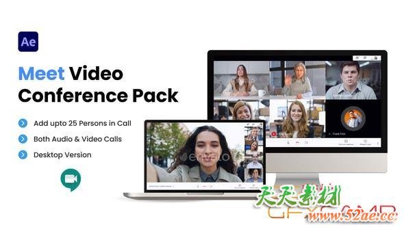AE模板-网络视频会议摄像头视频排版动画 Meet Video Conference Pack-天天素材网
