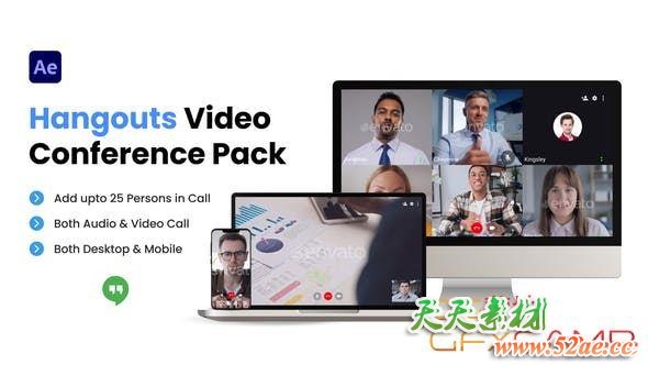 AE模板-手机电脑多人网络视频框排版动画 Hangouts Video Conference Pack-天天素材网