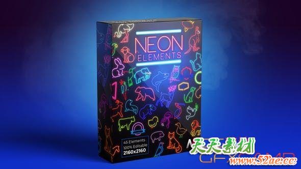 AE模板-霓虹灯风格动物图标元素动画 Neon Elements Animals-天天素材网
