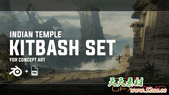 远古神庙遗迹3D模型 ArtStation – Indian Temple – Kitbash Set (FBX+Blender格式)-天天素材网