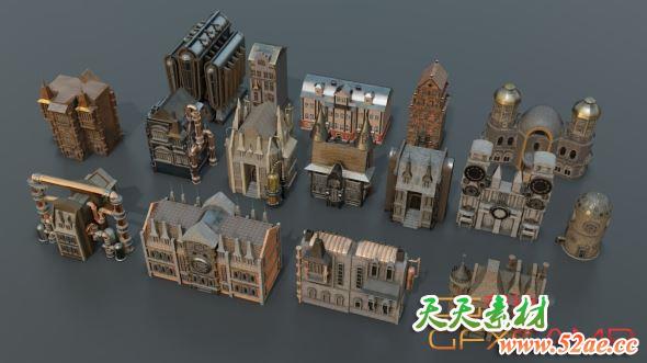 蒸汽朋克风格楼房建筑3D模型 ArtStation – Steampunk Kitbash + Textures For Concept And Game (FBX+Blender格式)-天天素材网