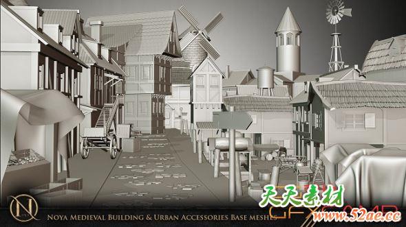 中世纪建筑楼房3D模型 Arstation – Noya Medieval Building & Urban Accessories Base Meshes (FBX+Blender格式)-天天素材网