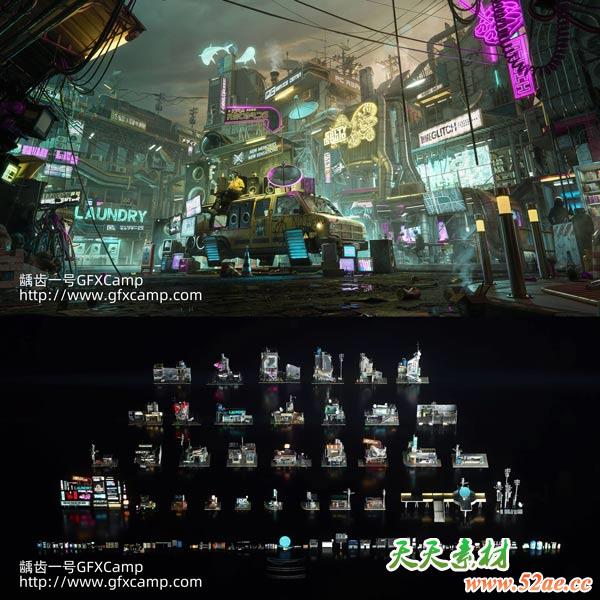 赛博朋克城市街道设施建筑3D模型 C4D/MAX/FBX/OBJ/Maya/Blender/Houdini/Unreal等-天天素材网