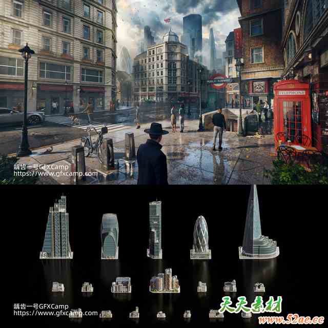 欧洲伦敦现代建筑楼房住宅高楼大厦3D模型资产 C4D/FBX/OBJ/MAX/Maya/Blender/Houdini/Unity/Unreal格式-天天素材网