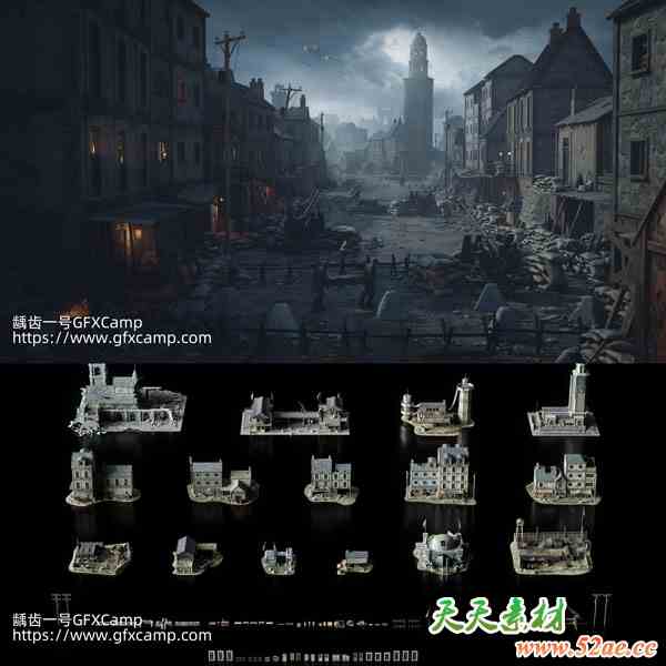 战争废墟倒塌房屋建筑场景3D模型资产 World War 2 C4D/FBX/OBJ/Blender/3DS MAX/Maya/Houdini/Unity/Unreal格式-天天素材网