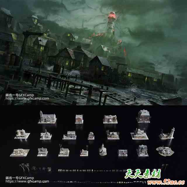 惊悚阴森恐怖小镇楼房木屋3D模型资产 Lovecraft C4D/FBX/OBJ/Blender/3DS MAX/Maya/Houdini/Unity/UE格式-天天素材网