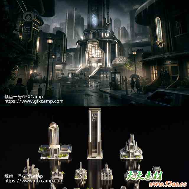 黑色复古未来主义高楼建筑资产3D模型 Noir Futurism C4D/FBX/OBJ/Blender/3DS MAX/Maya/Houdini/Unity/UE格式-天天素材网