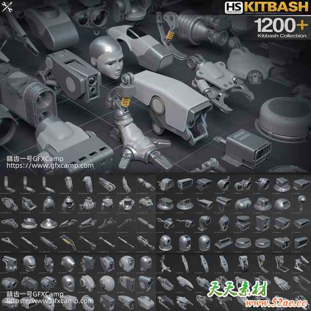 FBX/OBJ/Maya 1271组机械手脚头零部件硬表面模型3D资产 Hard Surface Kitbash-天天素材网