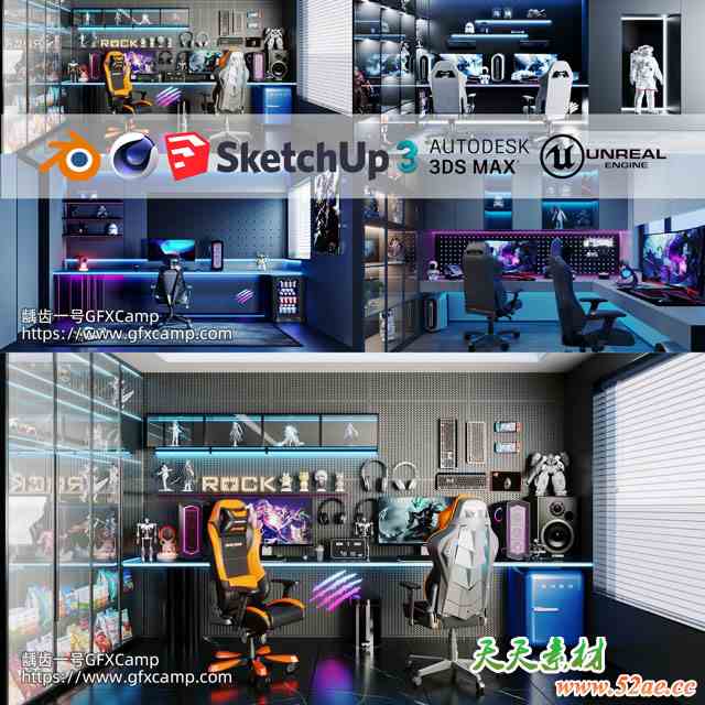电竞房桌椅电脑场景3D模型资产 3DS MAX/C4D/Blender/FBX/OBJ/UE5格式-天天素材网