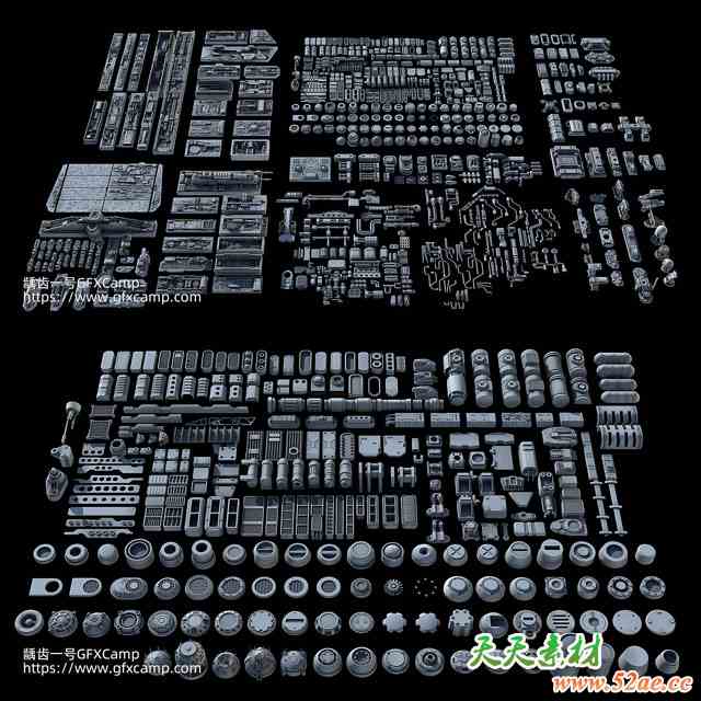 3DS MAX/FBX/OBJ科幻硬面零部件机甲套件道具3D模型资产合集-天天素材网