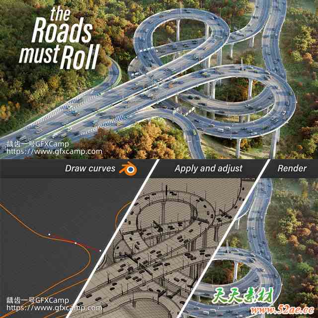 Blender道路马路桥梁信号红路灯指示牌生成器资产预设 The Roads Must Roll + 中文字幕教程-天天素材网