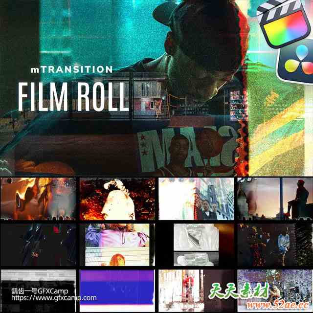 达芬奇/FCPX插件-50组复古胶卷动态视频转场预设 mTransition Film Roll-天天素材网
