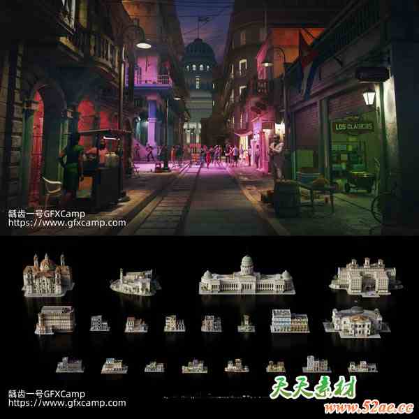 古巴异域风情城市楼房建筑3D模型 Havana Nights C4D/Blender/FBX/OBJ格式-天天素材网