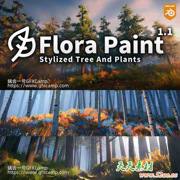 Blender 500+艺术卡通动漫风格化植物花草树木插件资产预设 Stylized Trees And Plants Tree Library – Flora Paint V1.2-天天素材网
