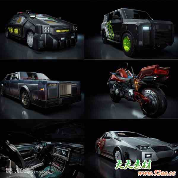 Blender赛博朋克科幻摩托车汽车3D模型 Cyberpunk Vehicles-天天素材网