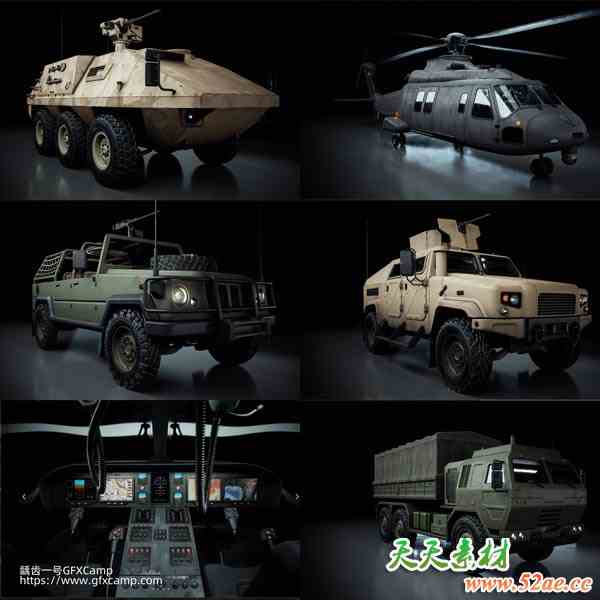 Blender军事车辆坦克装甲车直升机3D模型 Warzone Transport Vehicles-天天素材网