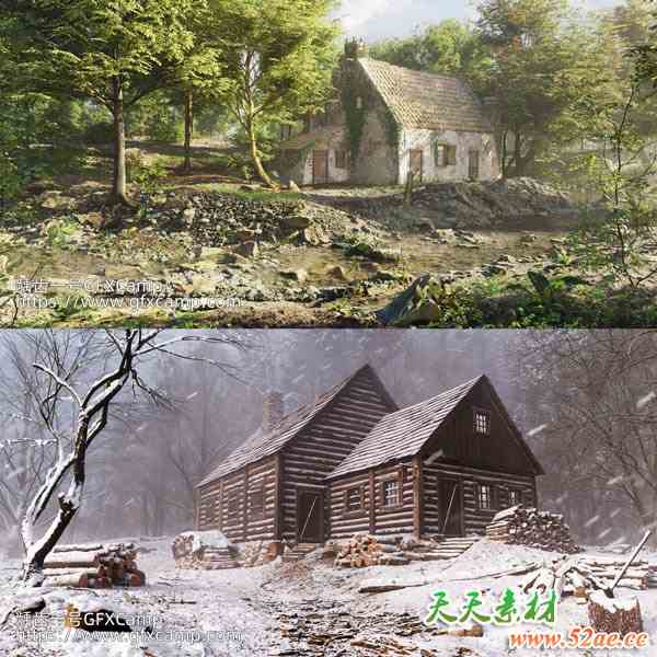 Blender自然环境花草树木森林地形房屋废墟雪中木屋场景制作渲染教程(更新完整版) 中文/英文字幕-天天素材网