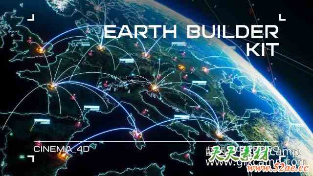 C4D地球连线动画预设资产插件 Earth Builder Kit – Cinema 4D Xpresso-天天素材网
